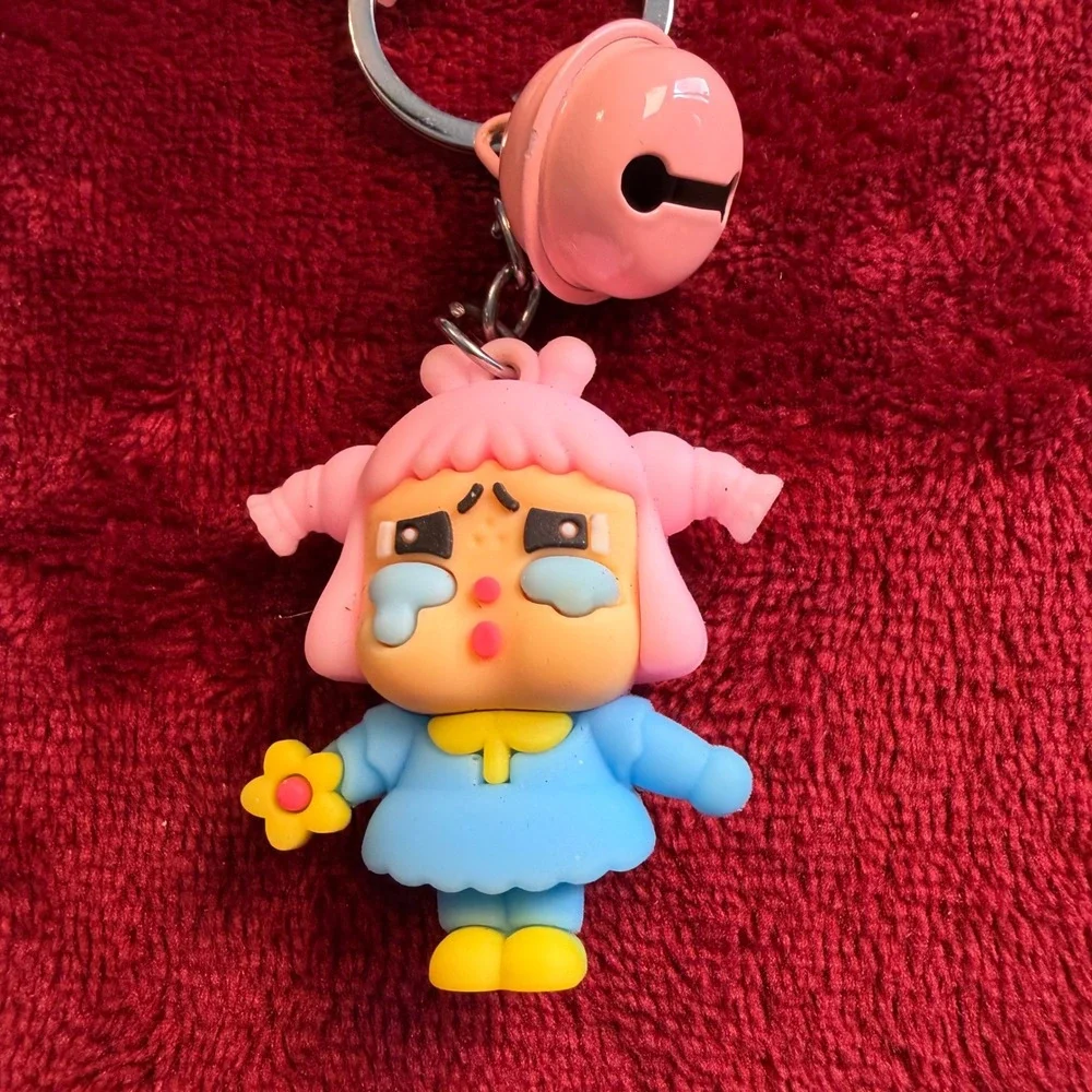 Crying Girl 3D PVC Keychain Pink Blue Character Charm with Bell and Boom Strap